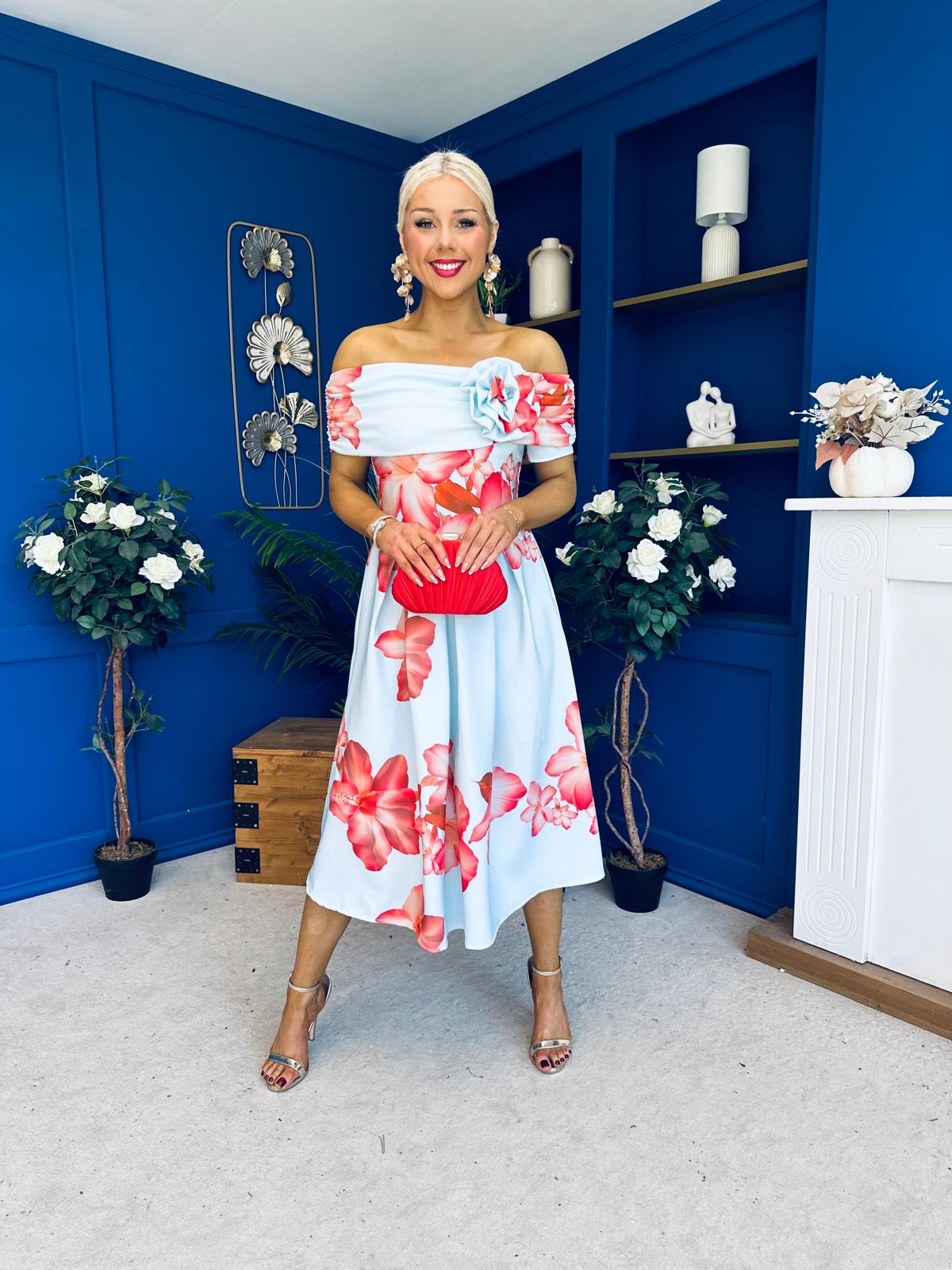 Willow Detailed Bardot Midi Dress Floral Sky