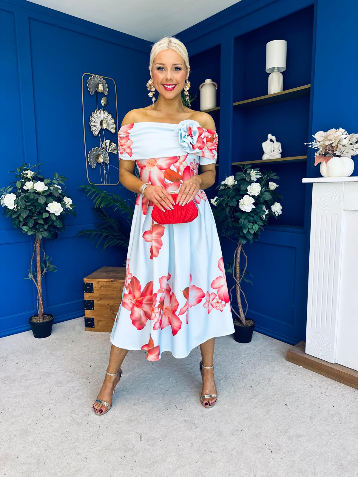 Willow Detailed Bardot Midi Dress Floral Sky
