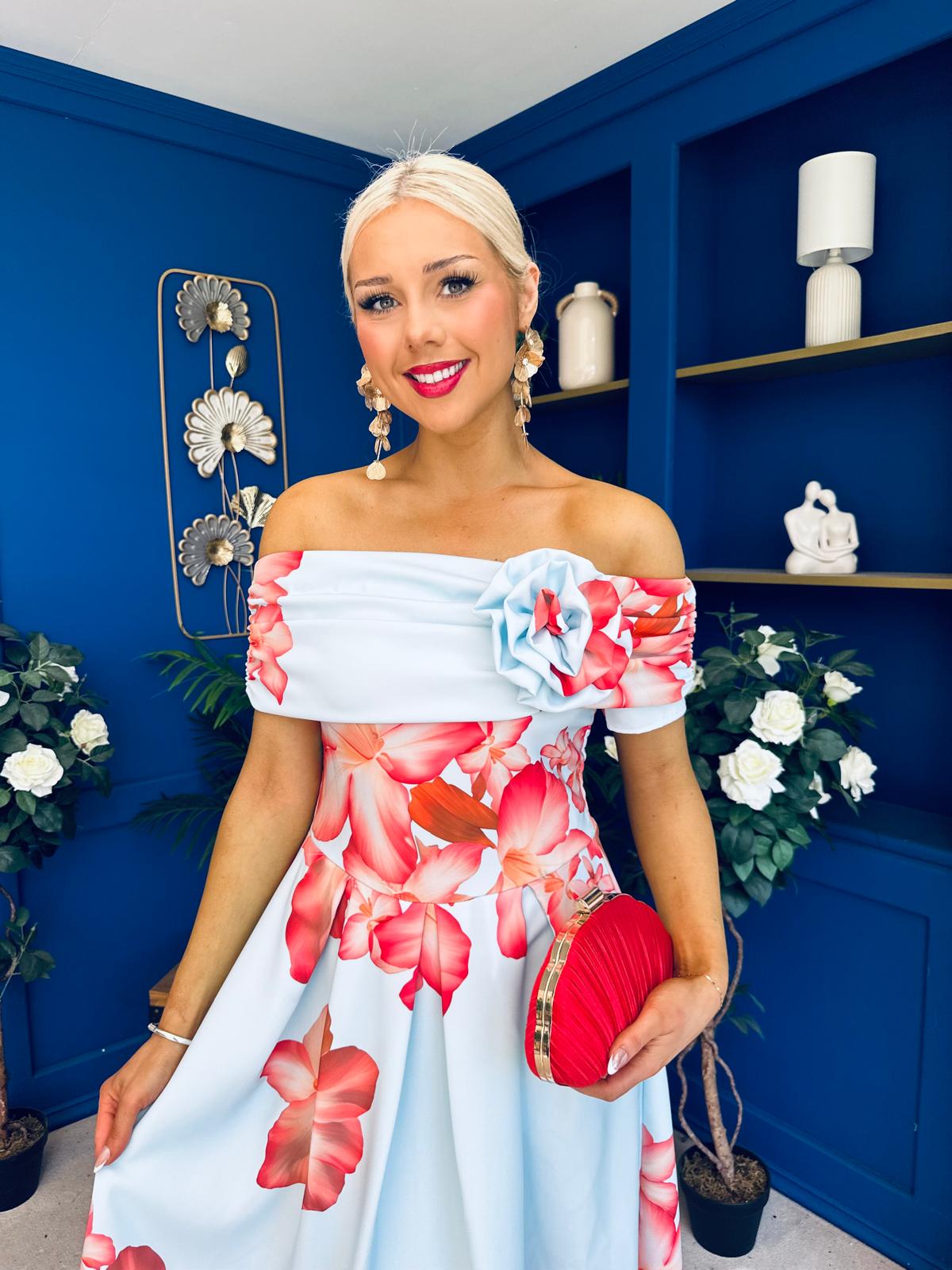 Willow Detailed Bardot Midi Dress Floral Sky