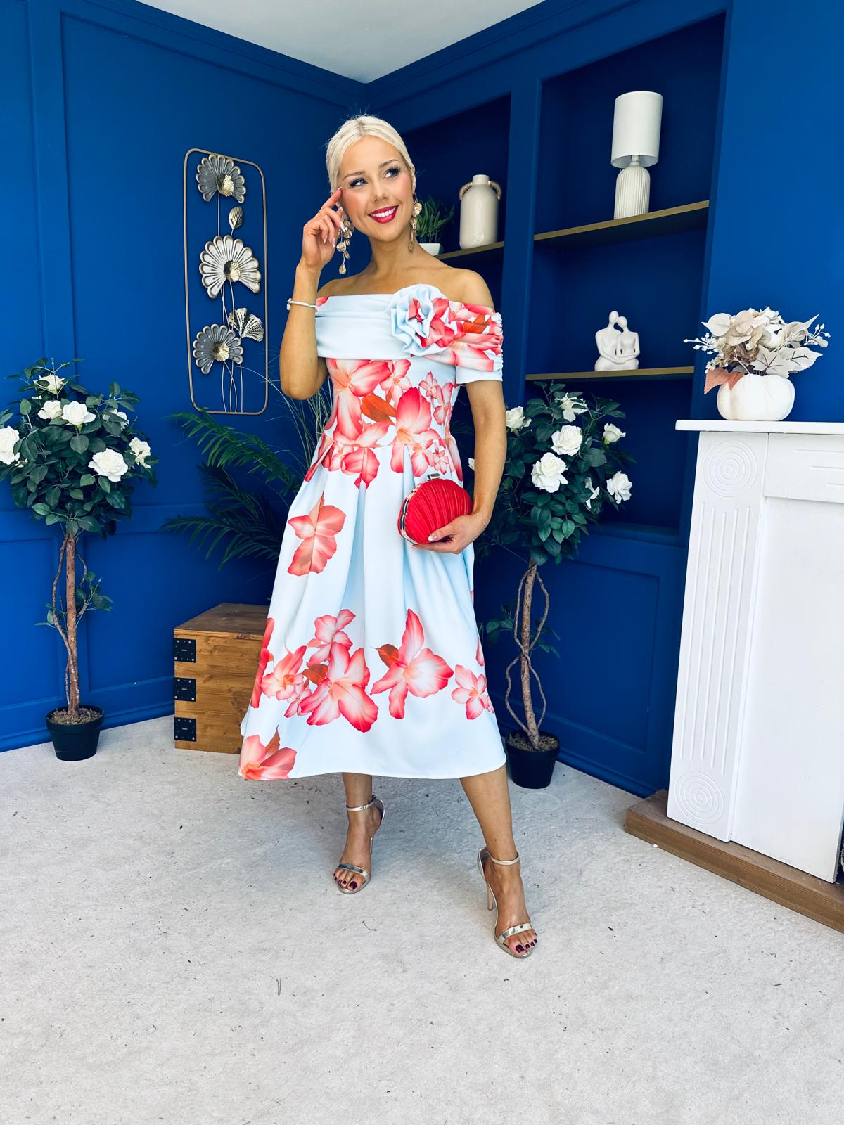 Willow Detailed Bardot Midi Dress Floral Sky
