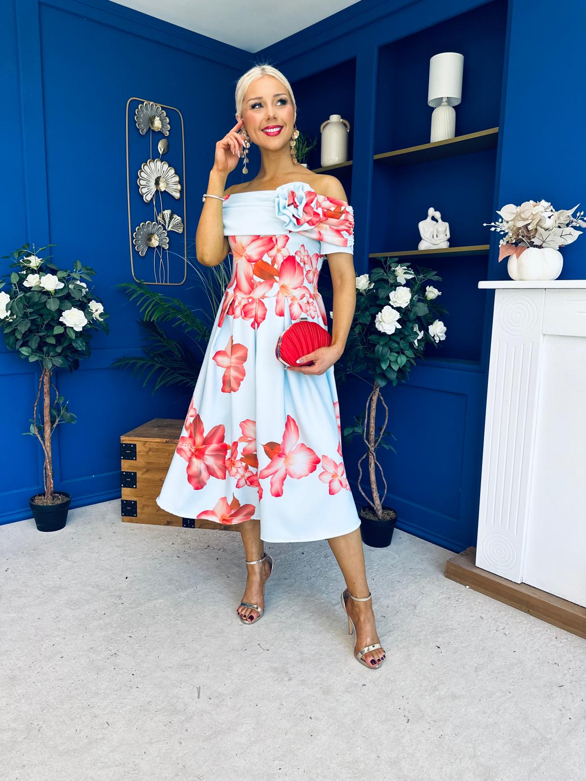 Willow Detailed Bardot Midi Dress Floral Sky