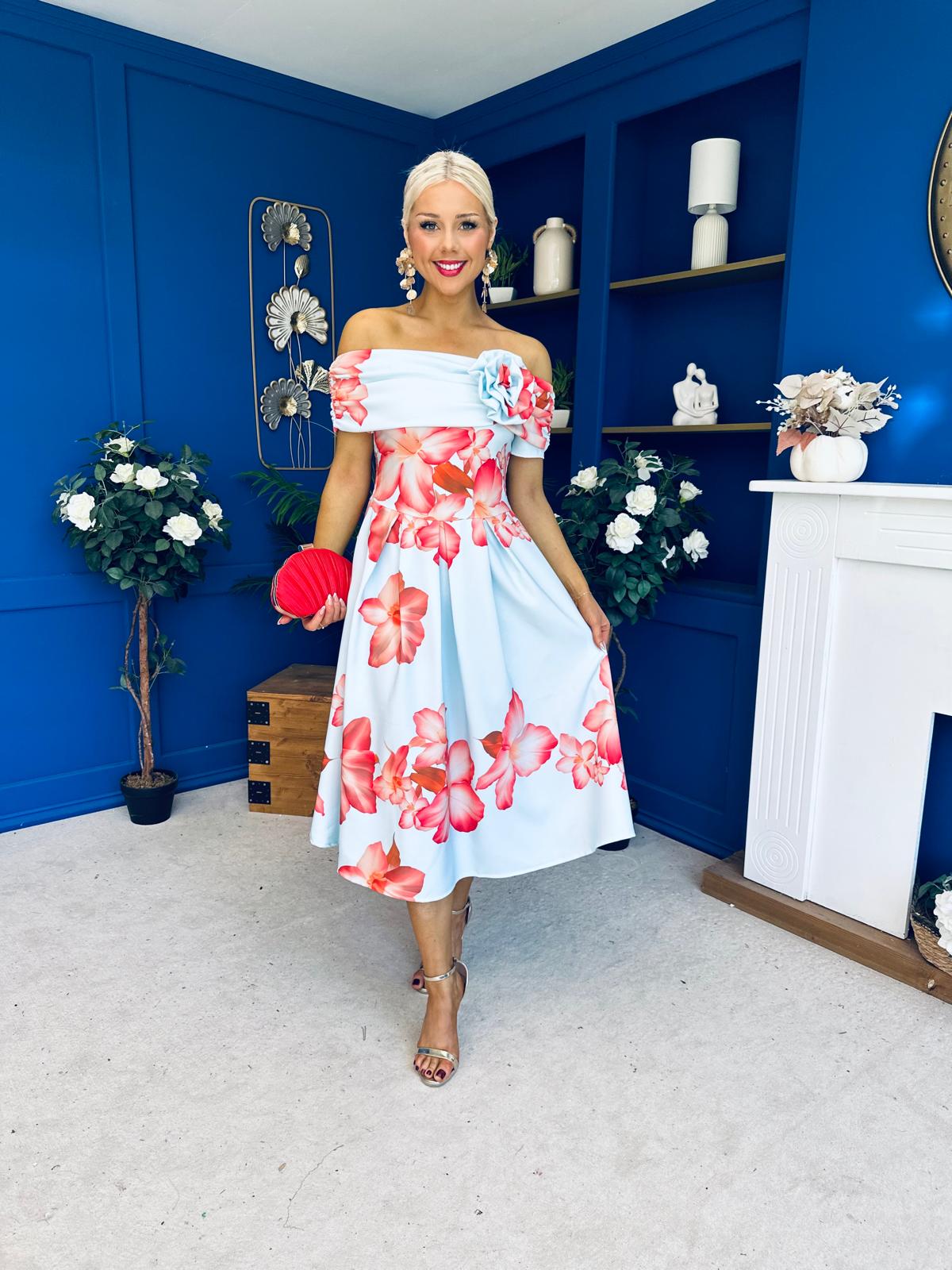 Willow Detailed Bardot Midi Dress Floral Sky