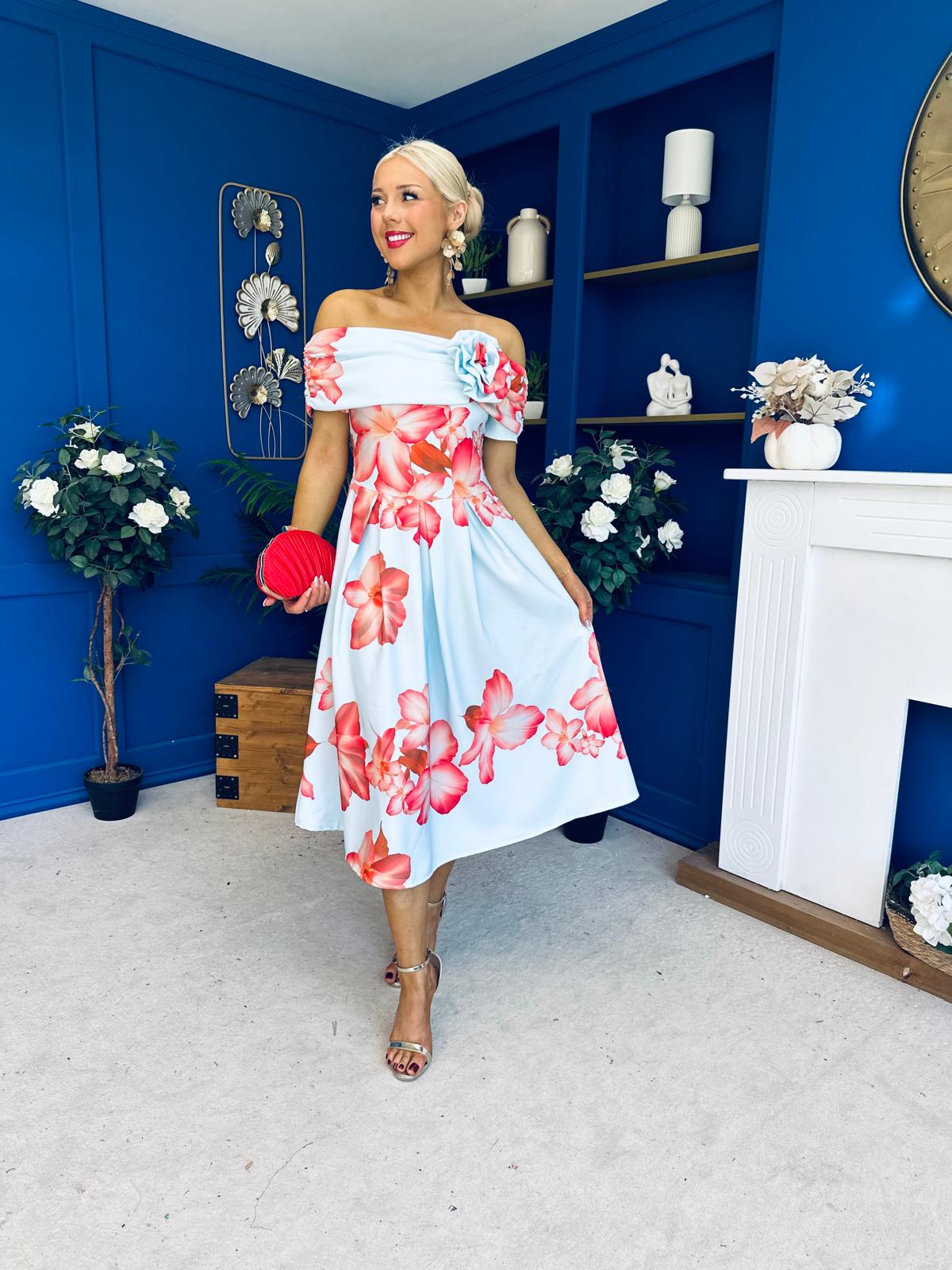 Willow Detailed Bardot Midi Dress Floral Sky