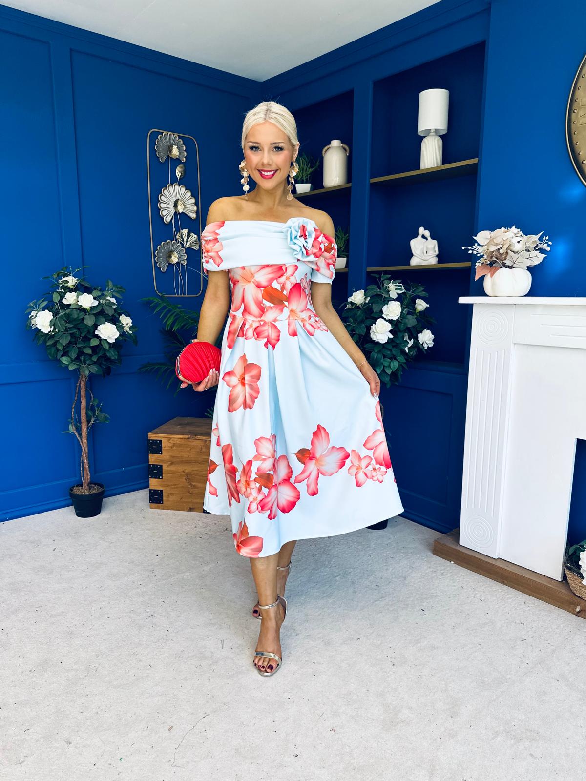 Willow Detailed Bardot Midi Dress Floral Sky