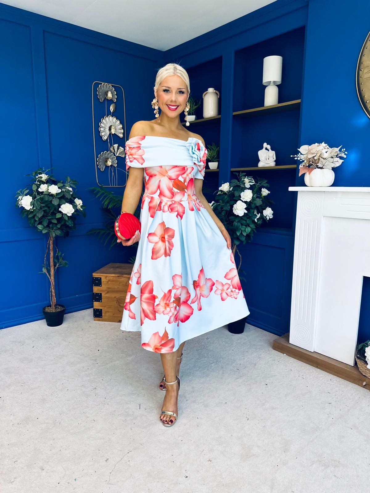 Willow Detailed Bardot Midi Dress Floral Sky