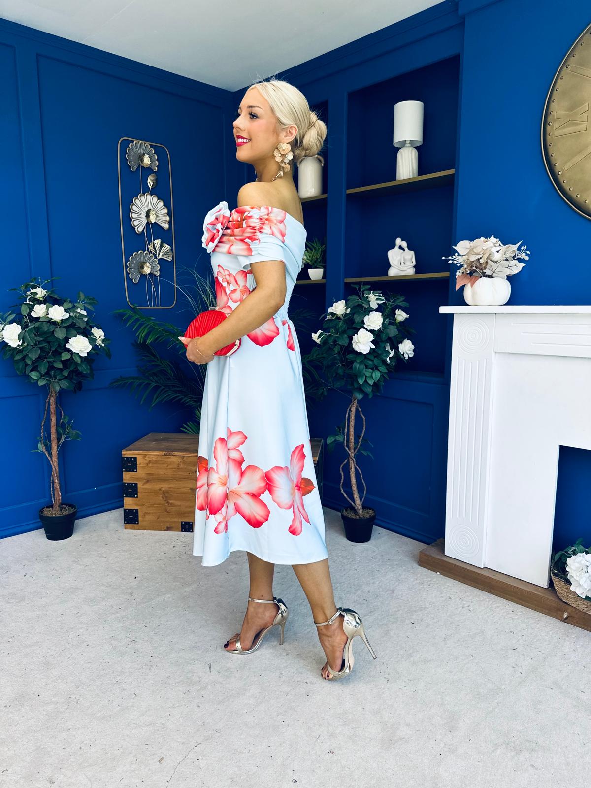 Willow Detailed Bardot Midi Dress Floral Sky