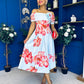 Willow Detailed Bardot Midi Dress Floral Sky