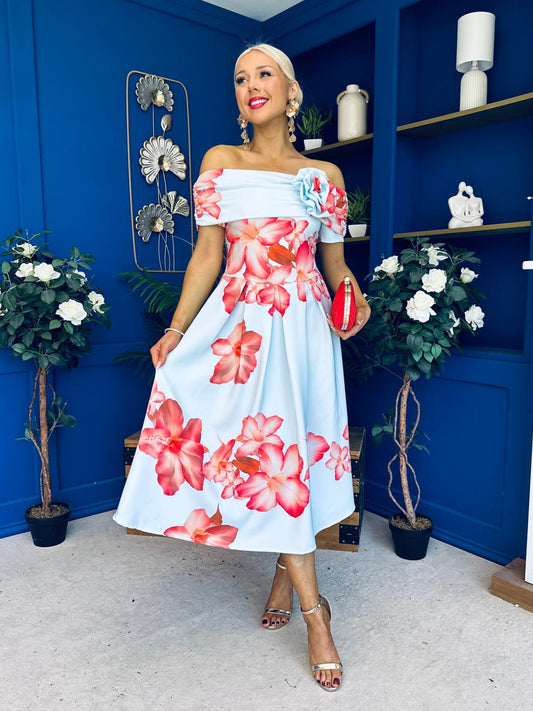 Willow Detailed Bardot Midi Dress Floral Sky