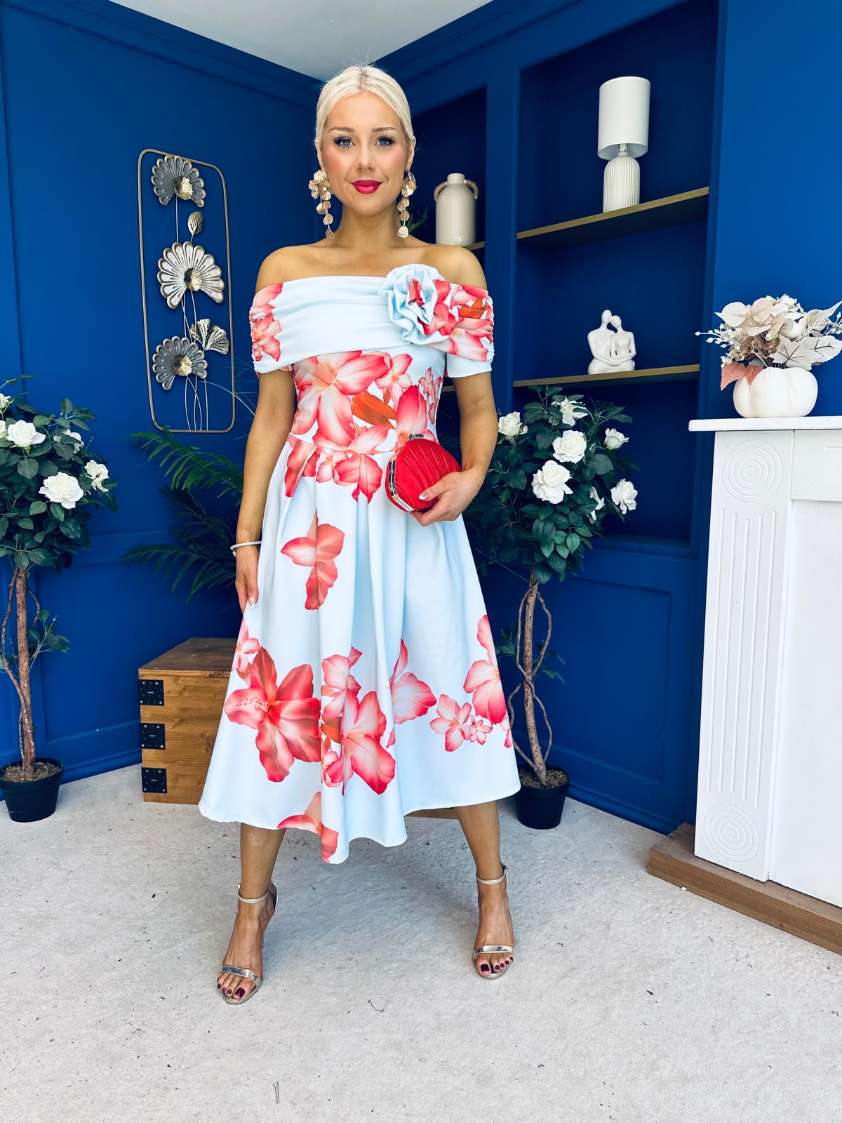 Willow Detailed Bardot Midi Dress Floral Sky