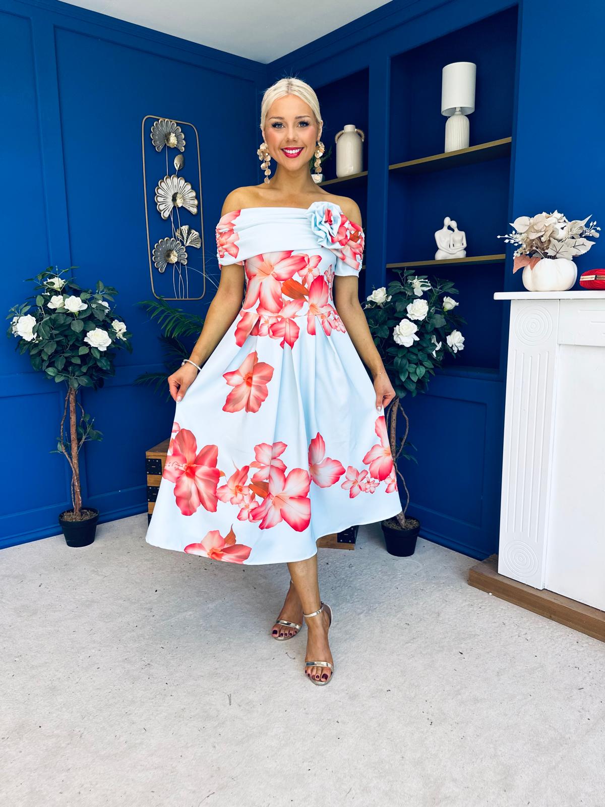 Willow Detailed Bardot Midi Dress Floral Sky