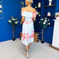 Willow Detailed Bardot Midi Dress Floral Sky