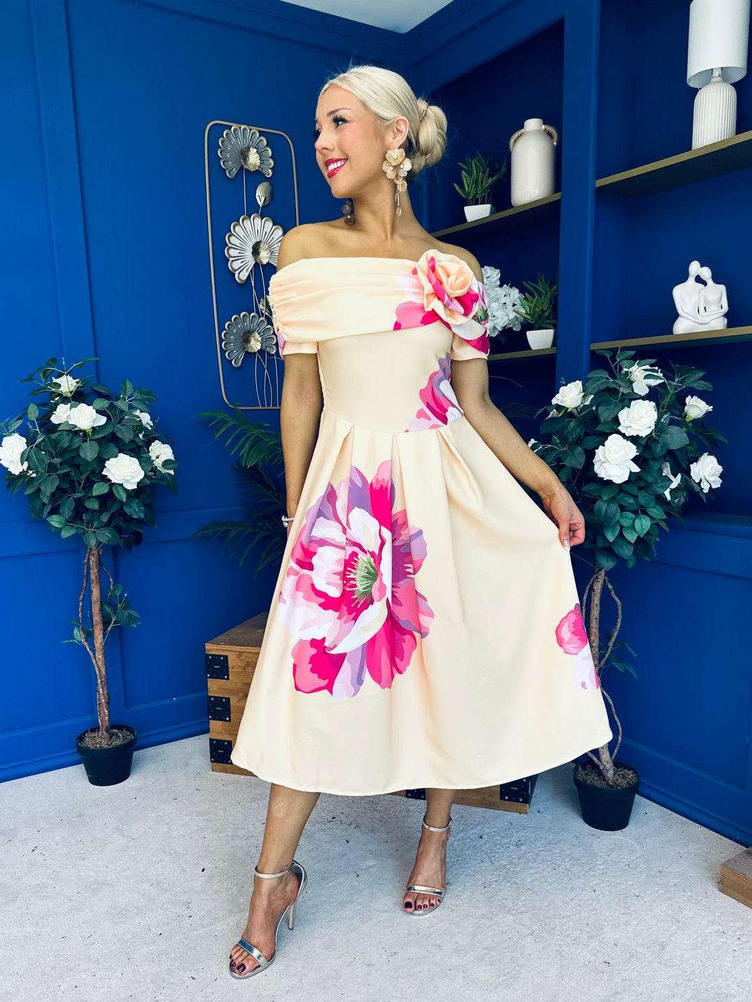 Willow Detailed Bardot Midi Dress Floral Yellow
