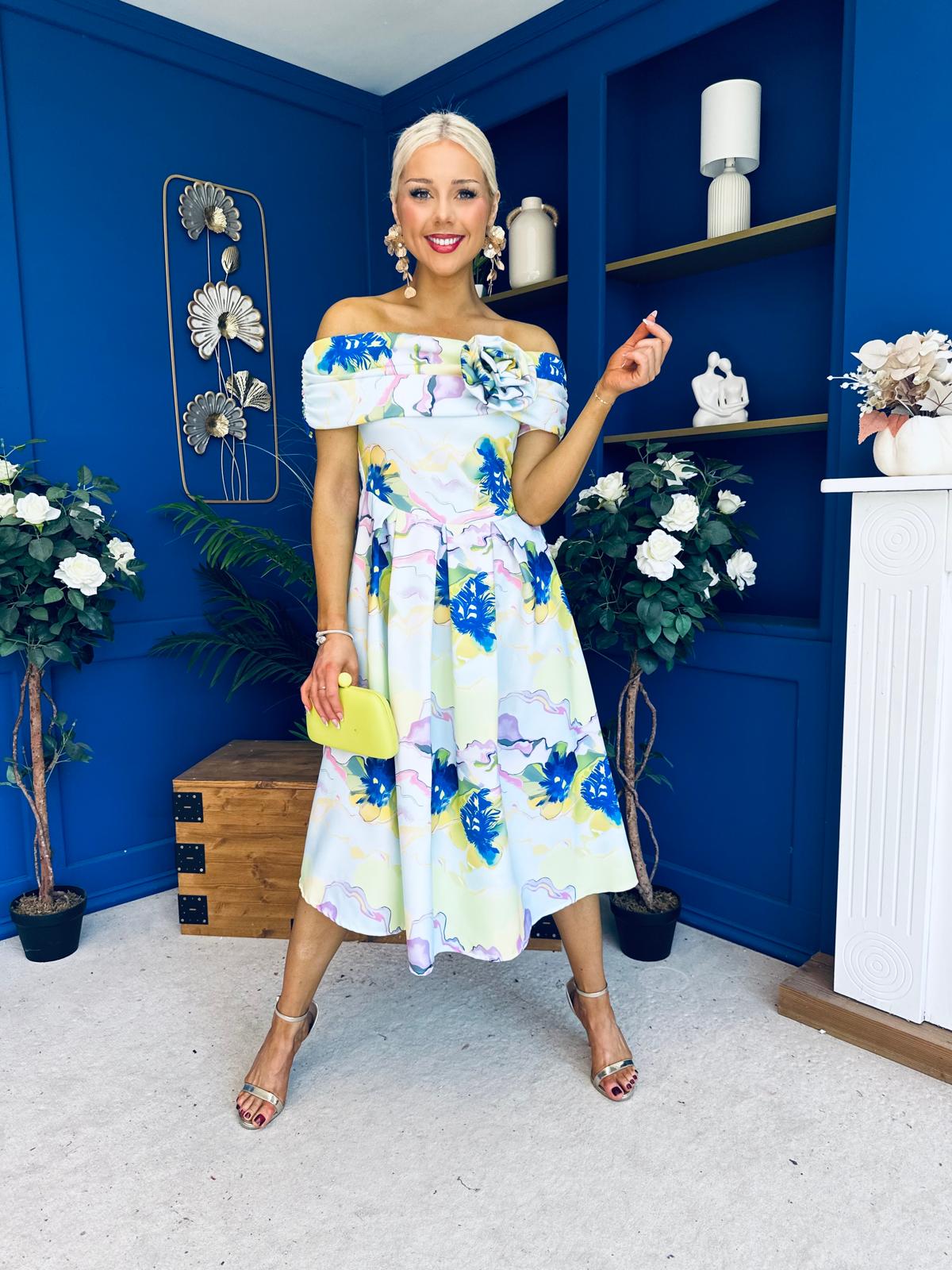 Willow Detailed Bardot Midi Dress Floral Pwr Blue