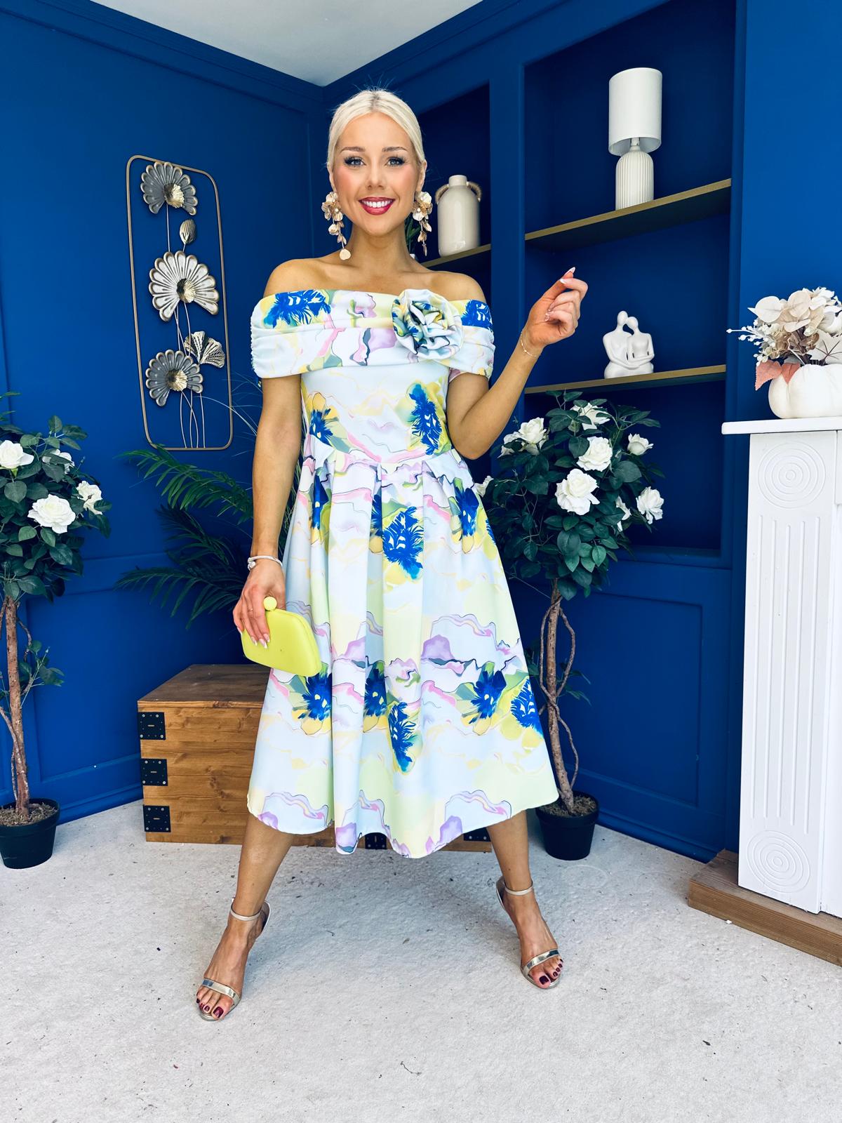 Willow Detailed Bardot Midi Dress Floral Pwr Blue