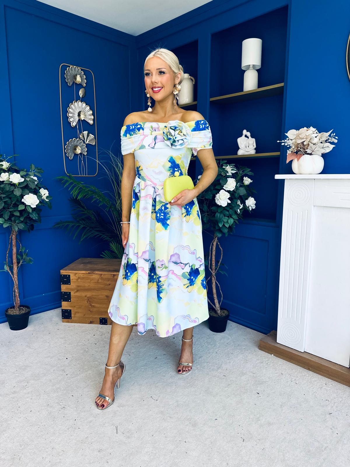 Willow Detailed Bardot Midi Dress Floral Pwr Blue