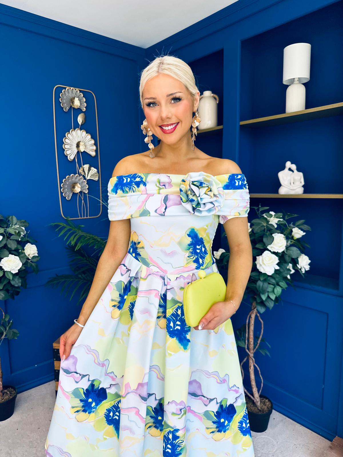 Willow Detailed Bardot Midi Dress Floral Pwr Blue