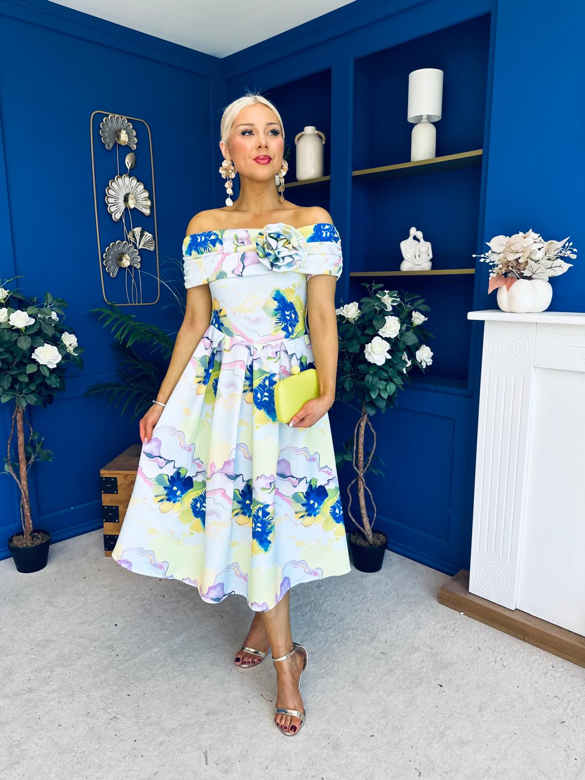 Willow Detailed Bardot Midi Dress Floral Pwr Blue