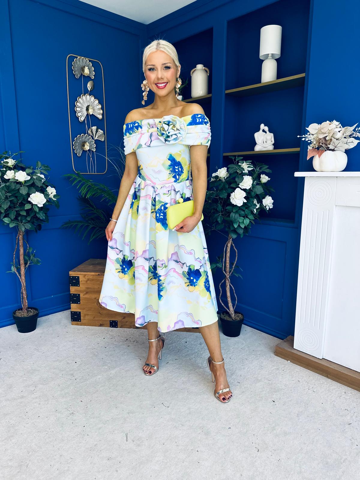 Willow Detailed Bardot Midi Dress Floral Pwr Blue