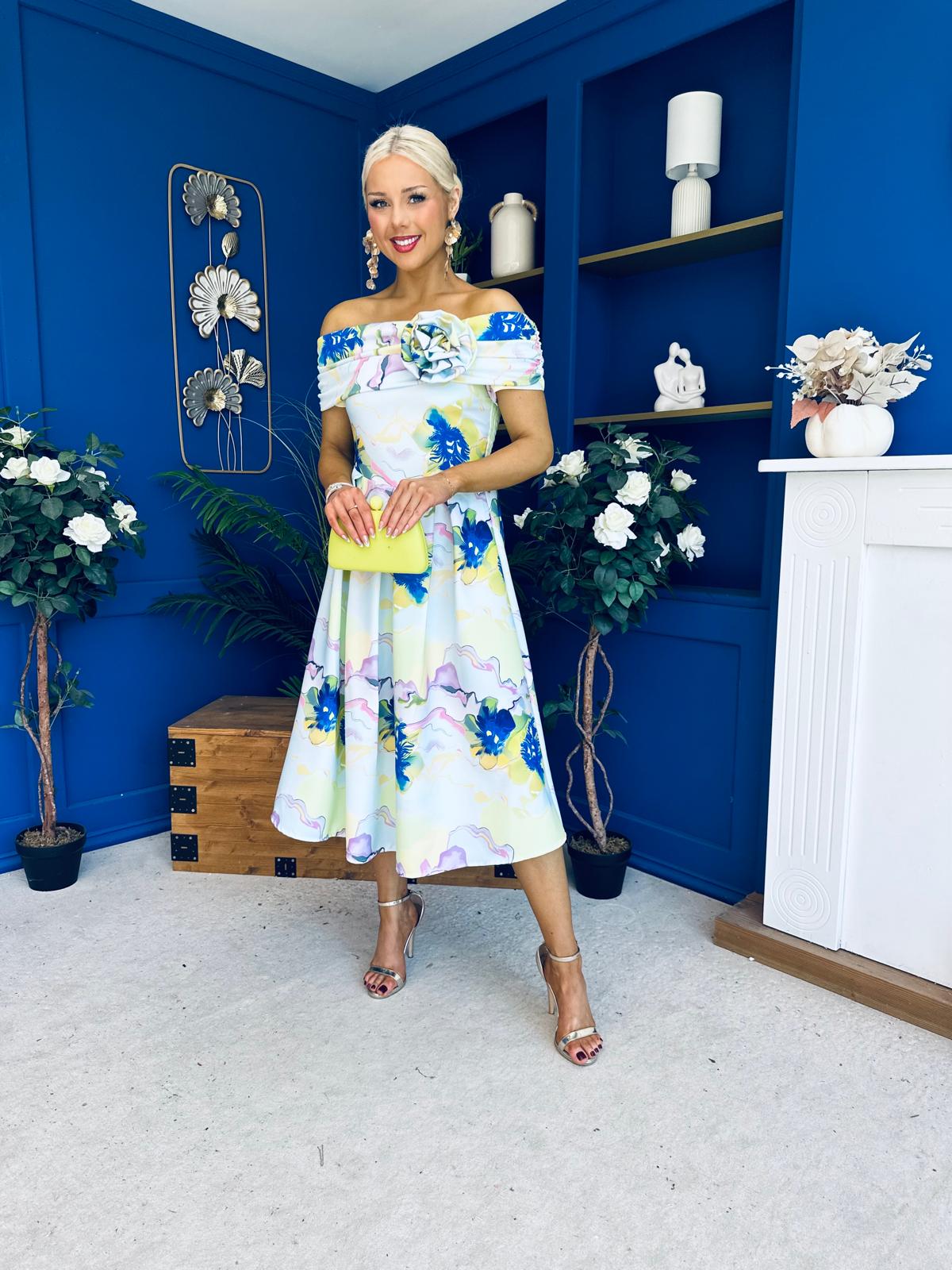 Willow Detailed Bardot Midi Dress Floral Pwr Blue