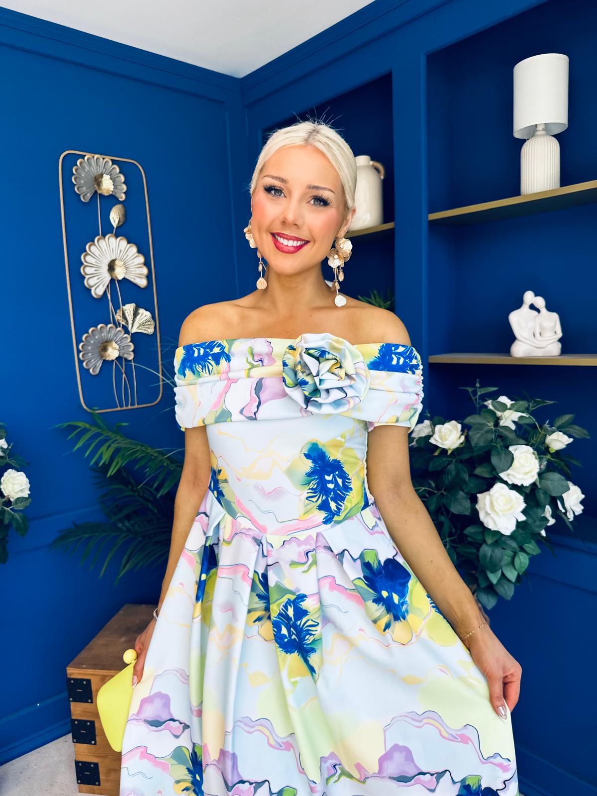 Willow Detailed Bardot Midi Dress Floral Pwr Blue