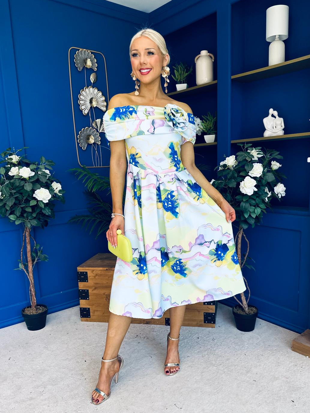 Willow Detailed Bardot Midi Dress Floral Pwr Blue