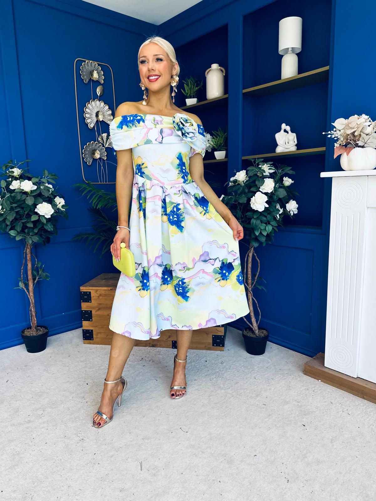 Willow Detailed Bardot Midi Dress Floral Pwr Blue