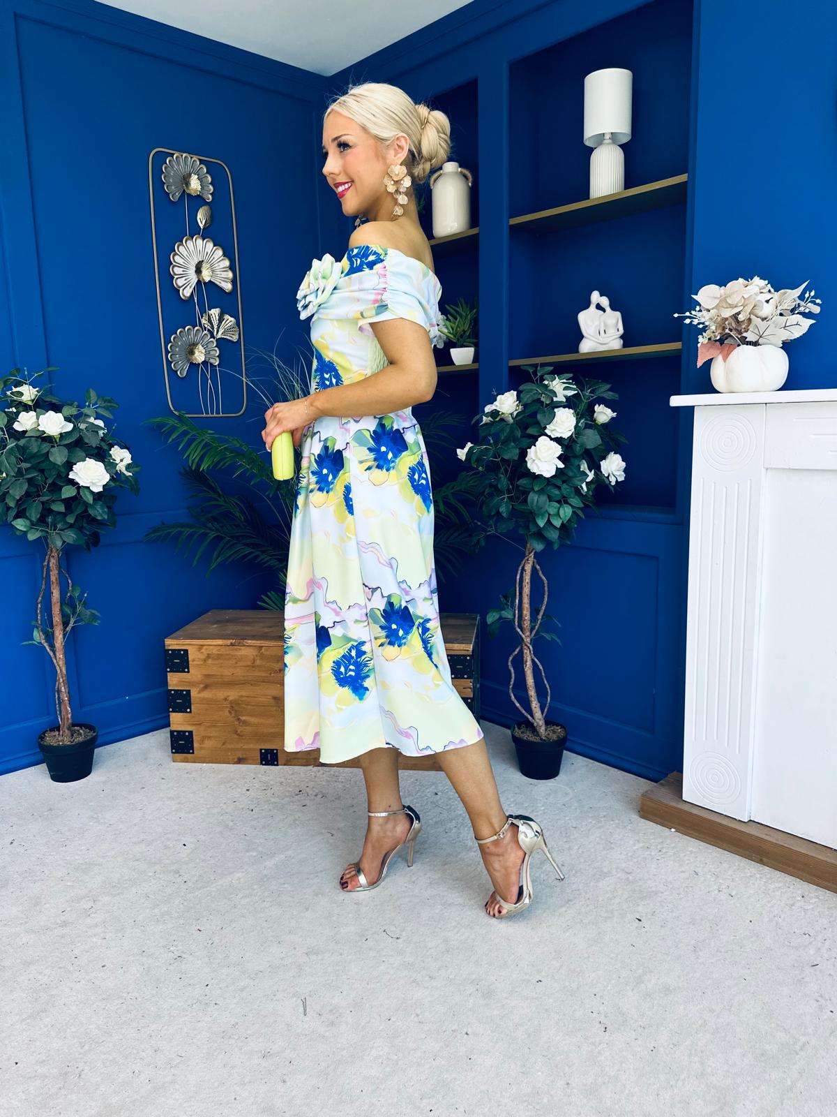 Willow Detailed Bardot Midi Dress Floral Pwr Blue