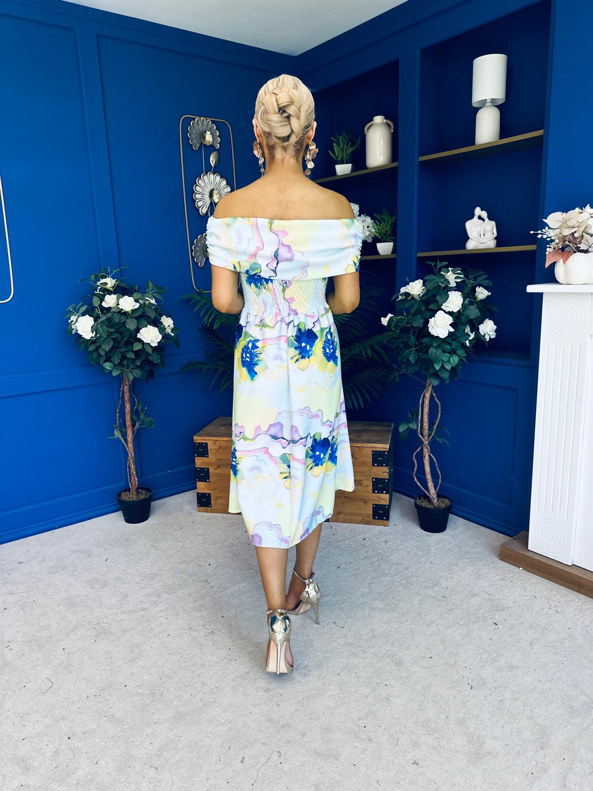 Willow Detailed Bardot Midi Dress Floral Pwr Blue
