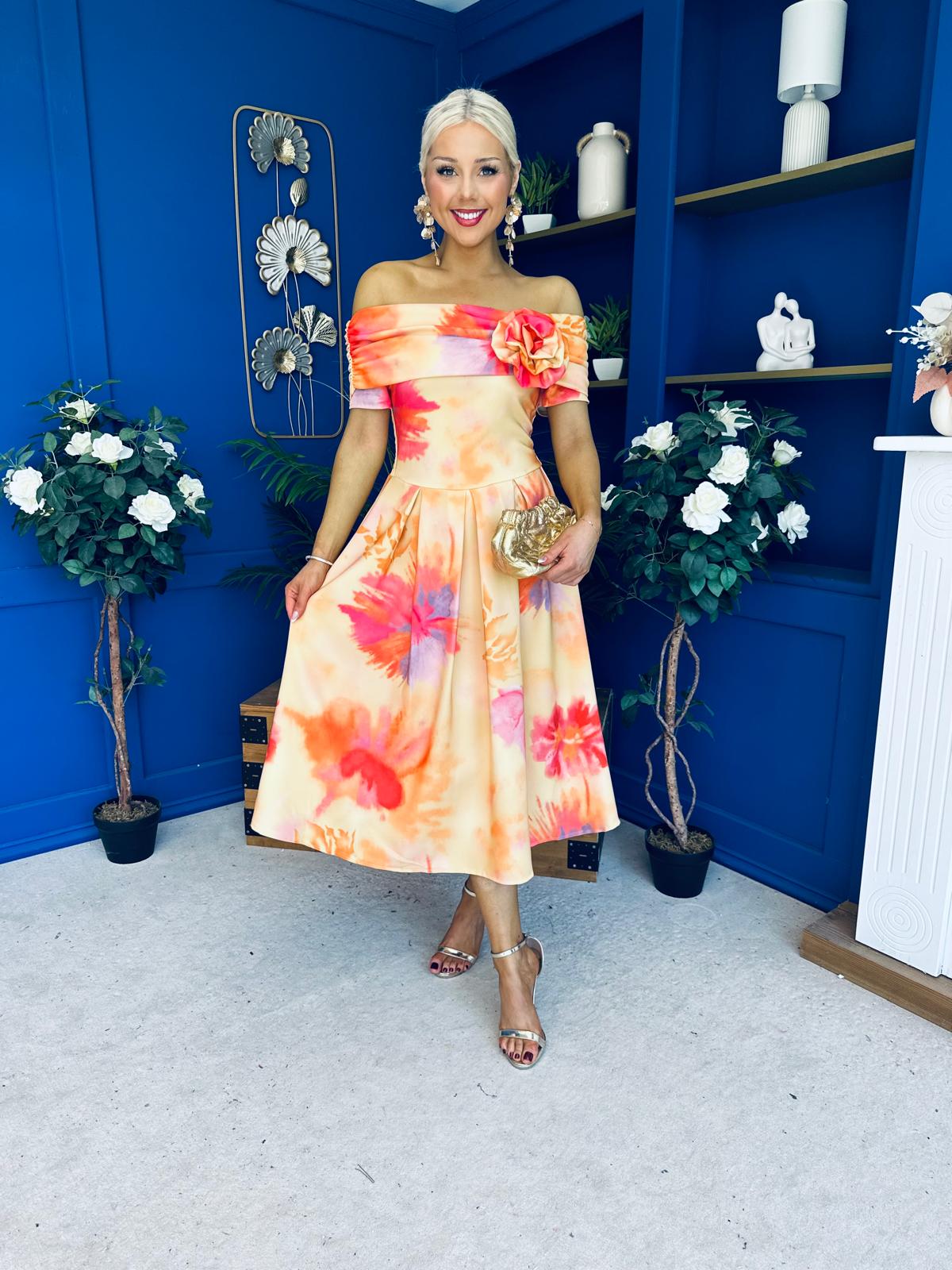 Willow Detailed Bardot Midi Dress Floral Coral