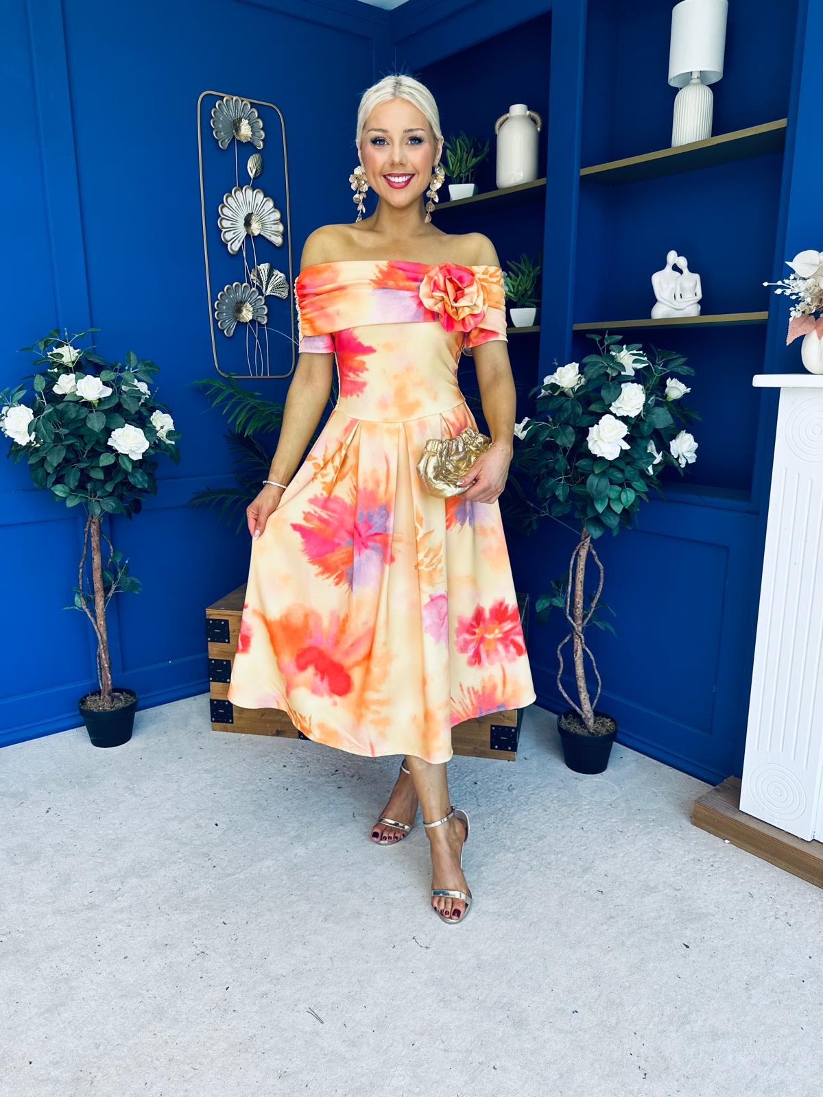 Willow Detailed Bardot Midi Dress Floral Coral