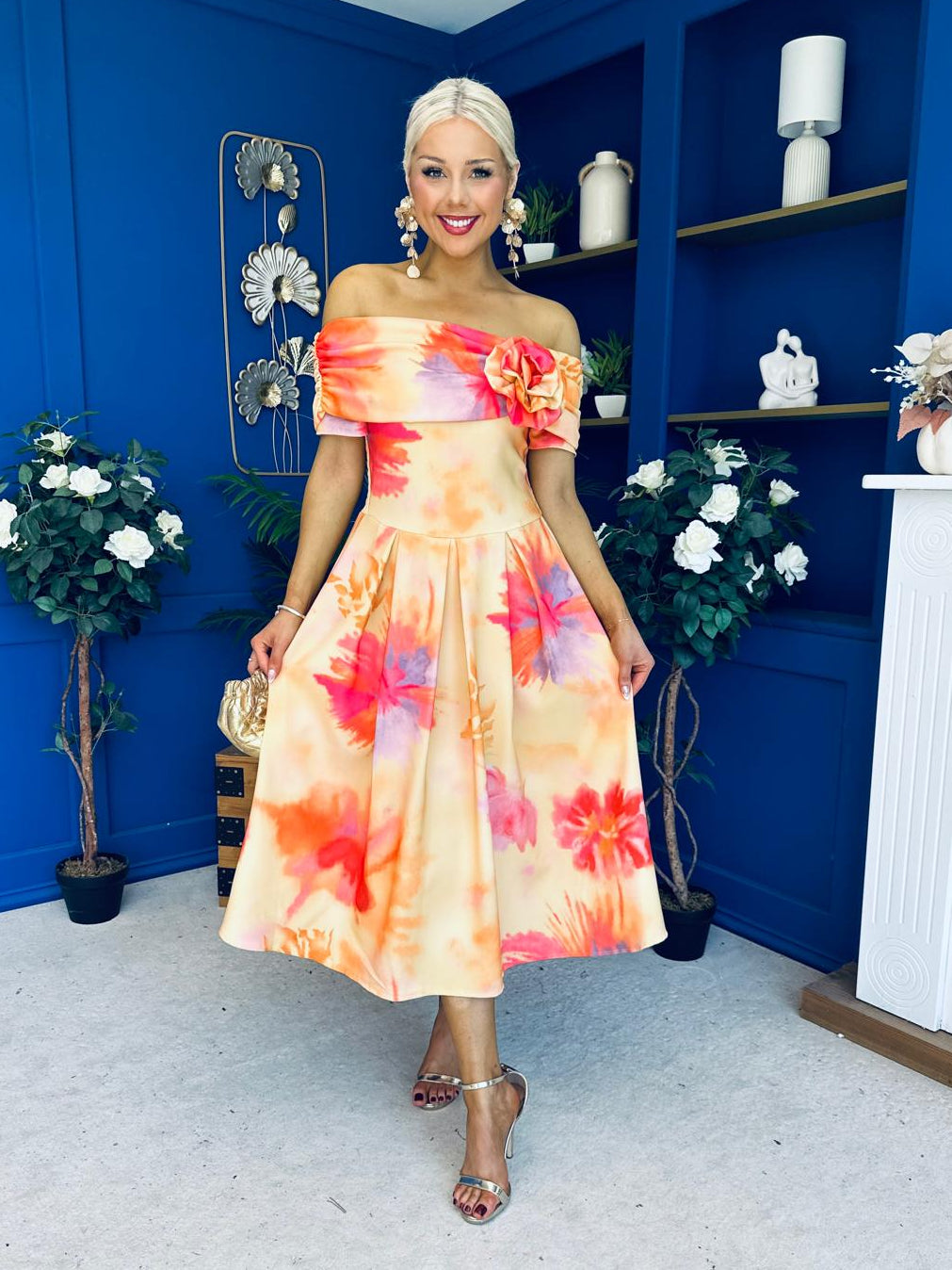 Willow Detailed Bardot Midi Dress Floral Coral