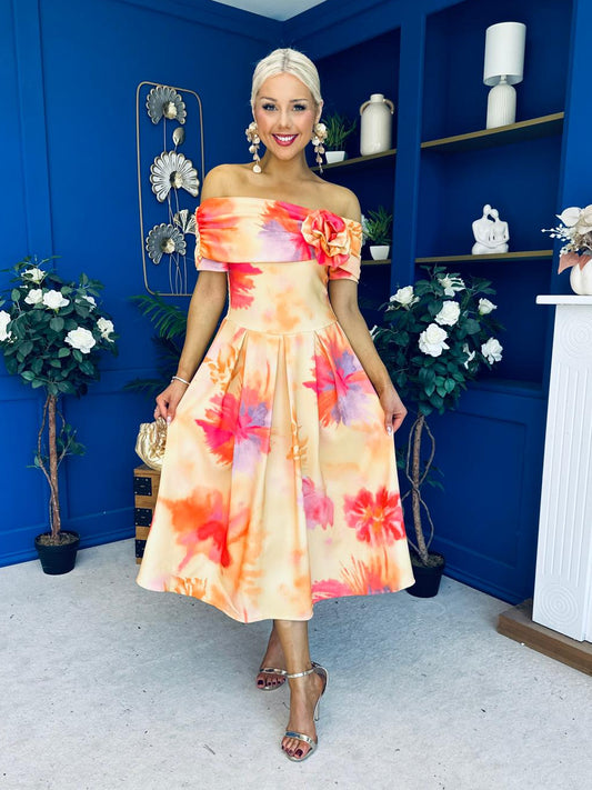 Willow Detailed Bardot Midi Dress Floral Coral