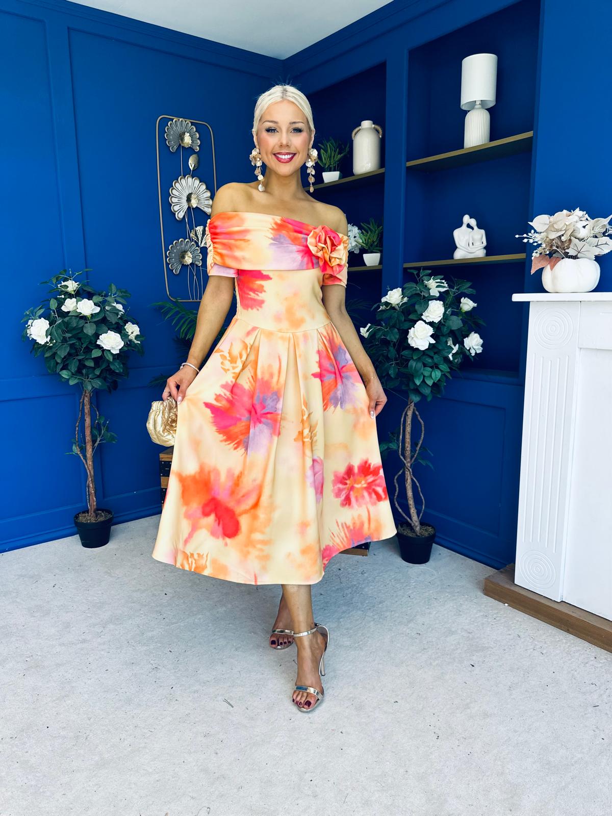 Willow Detailed Bardot Midi Dress Floral Coral
