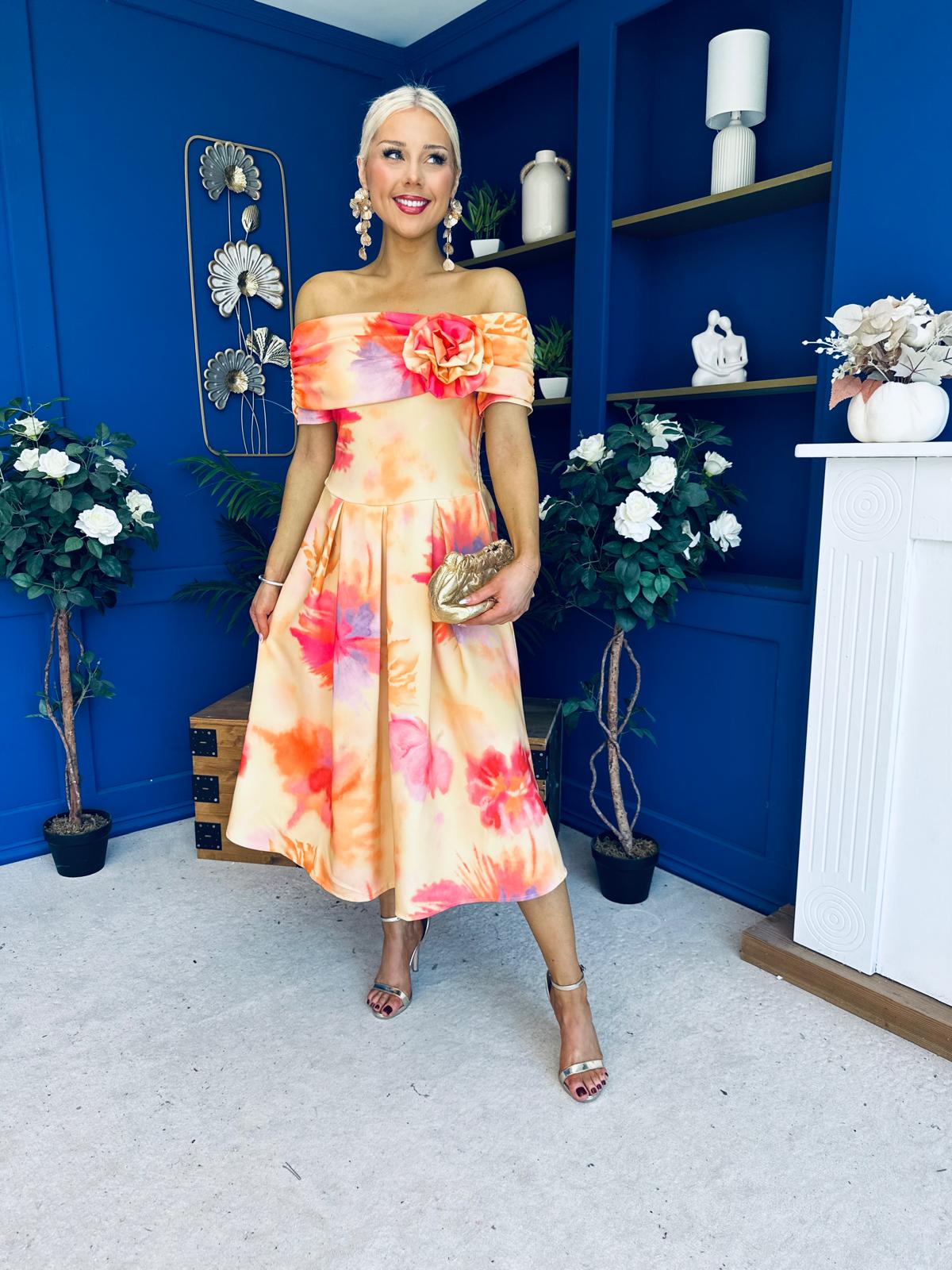 Willow Detailed Bardot Midi Dress Floral Coral
