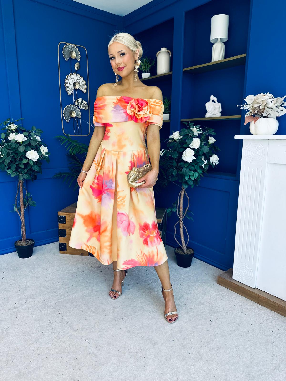 Willow Detailed Bardot Midi Dress Floral Coral