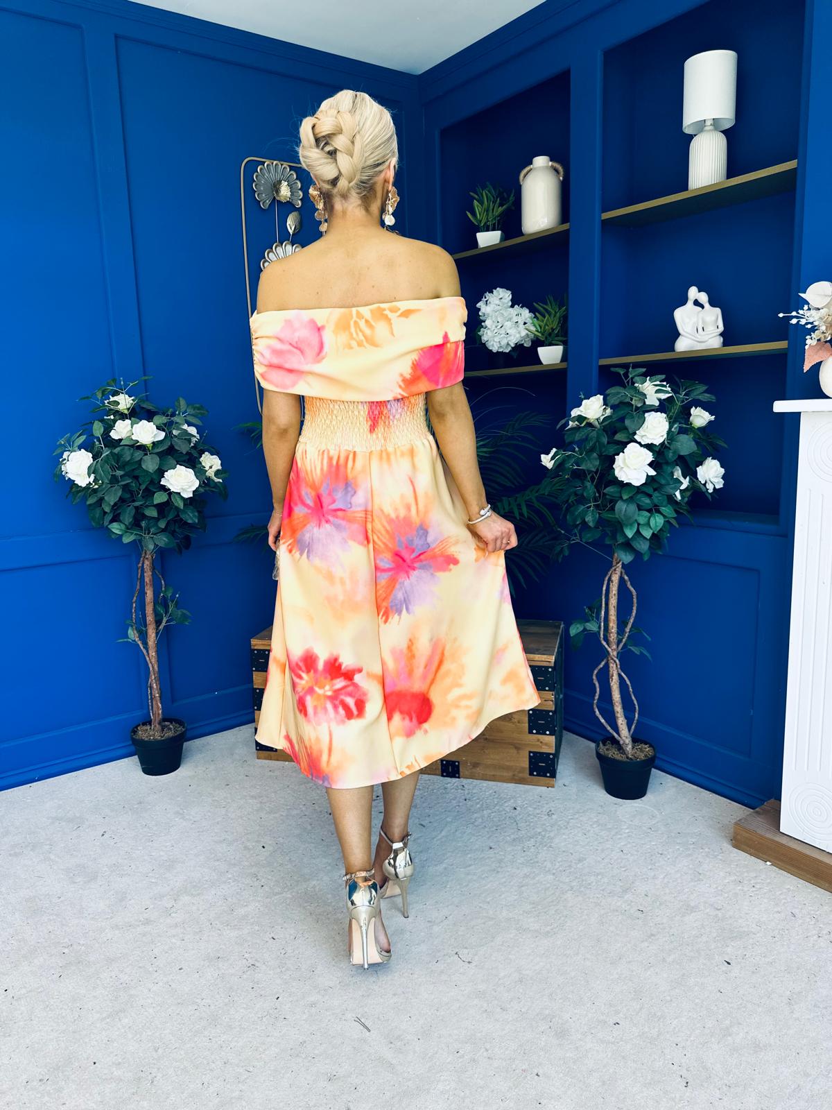 Willow Detailed Bardot Midi Dress Floral Coral