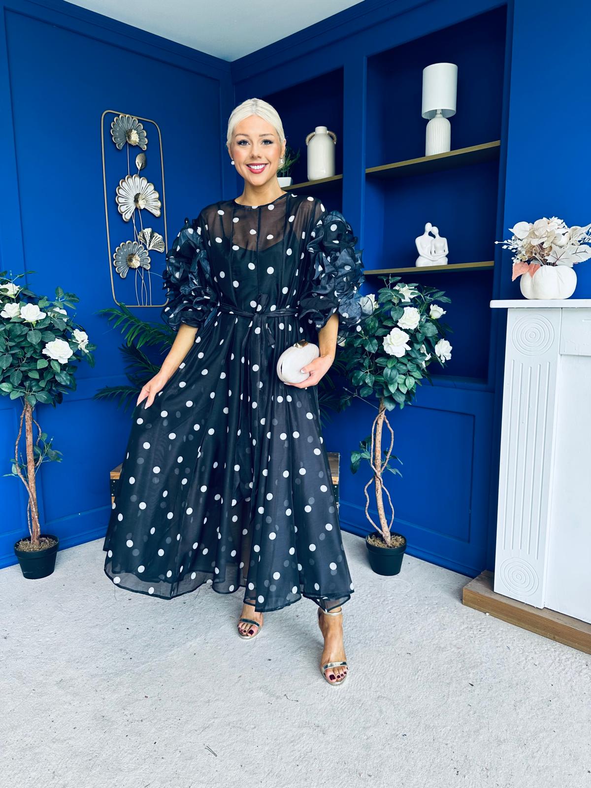 Ethna Frill Sleeve Occasion Dress Polka Black