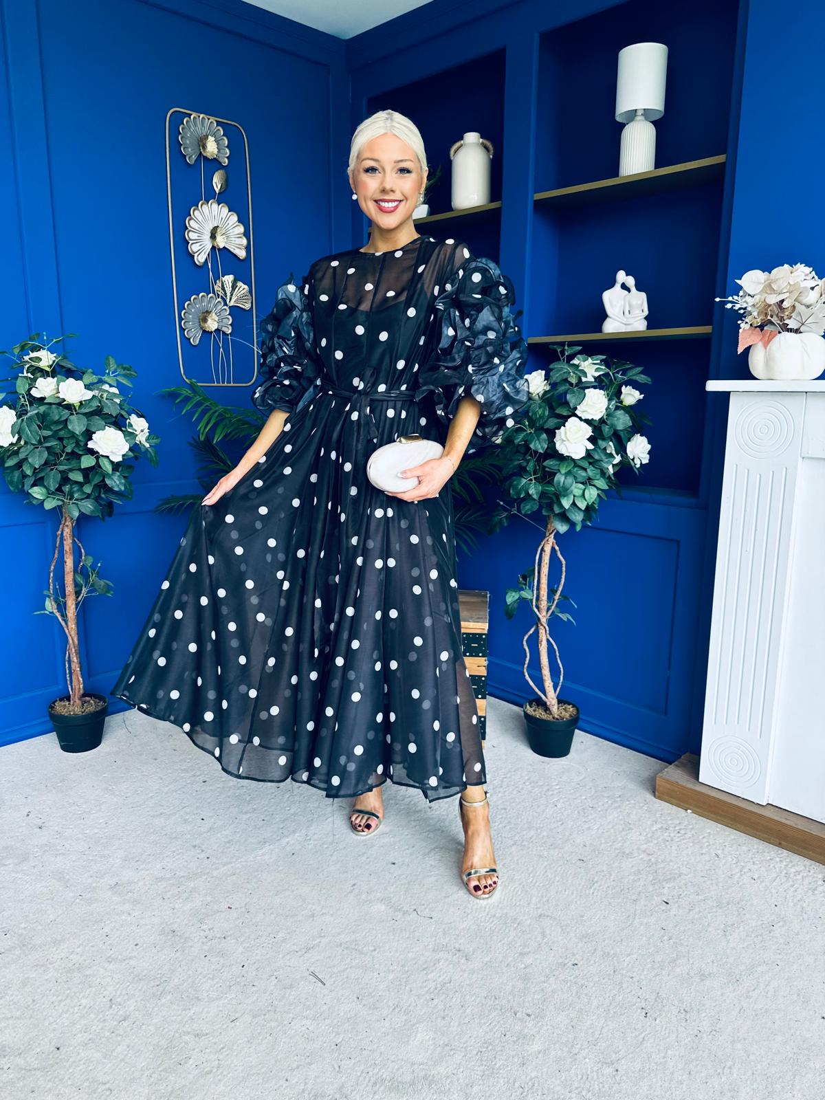 Ethna Frill Sleeve Occasion Dress Polka Black