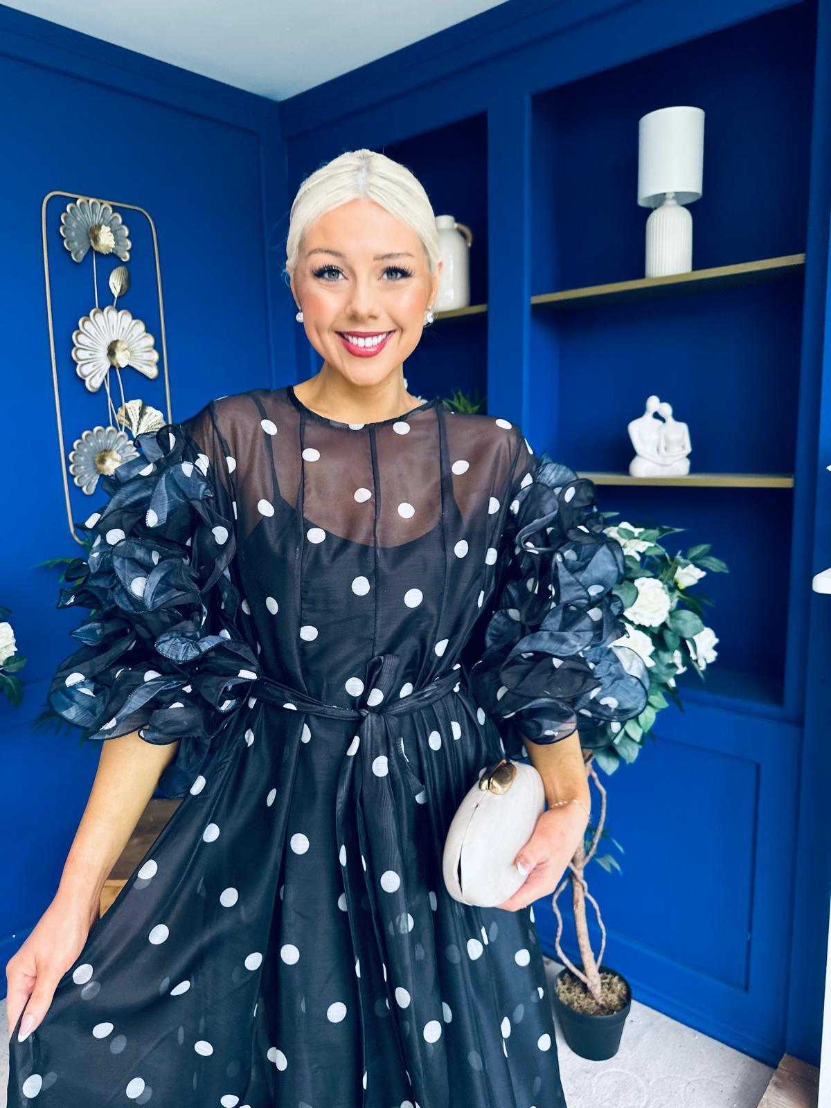 Ethna Frill Sleeve Occasion Dress Polka Black