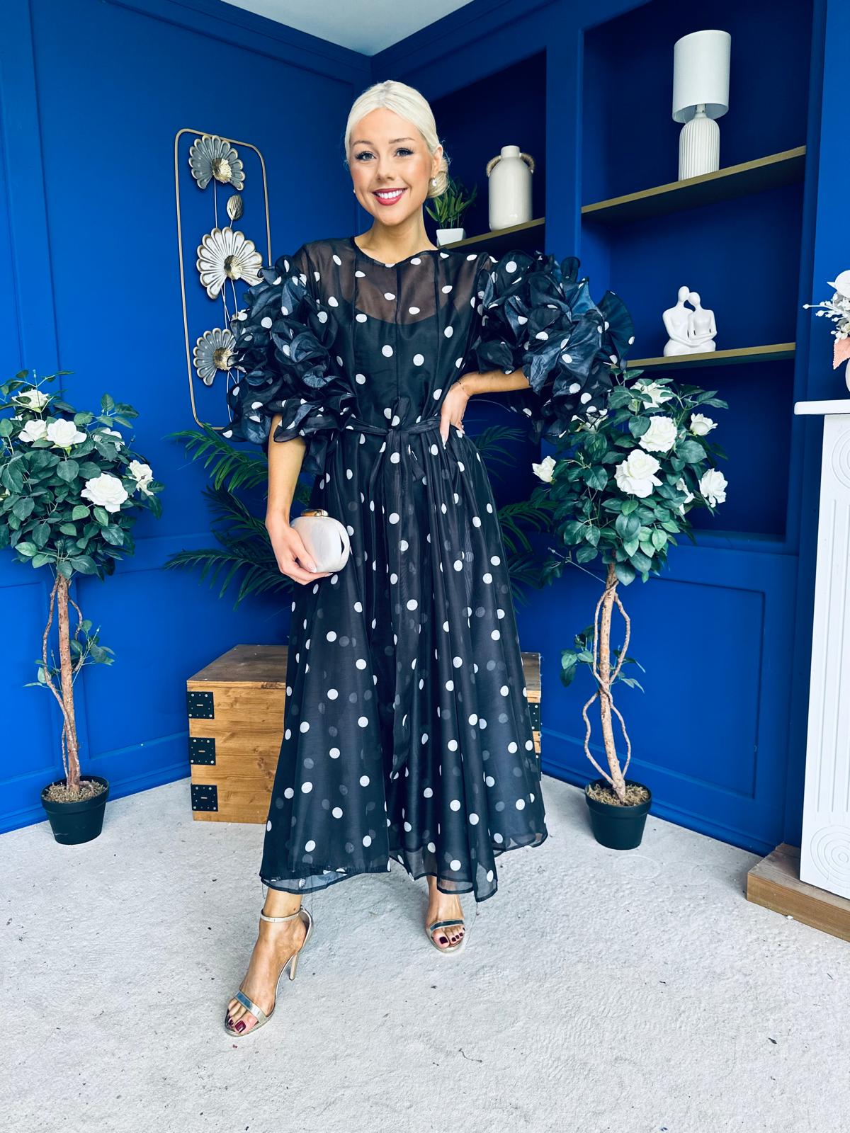Ethna Frill Sleeve Occasion Dress Polka Black