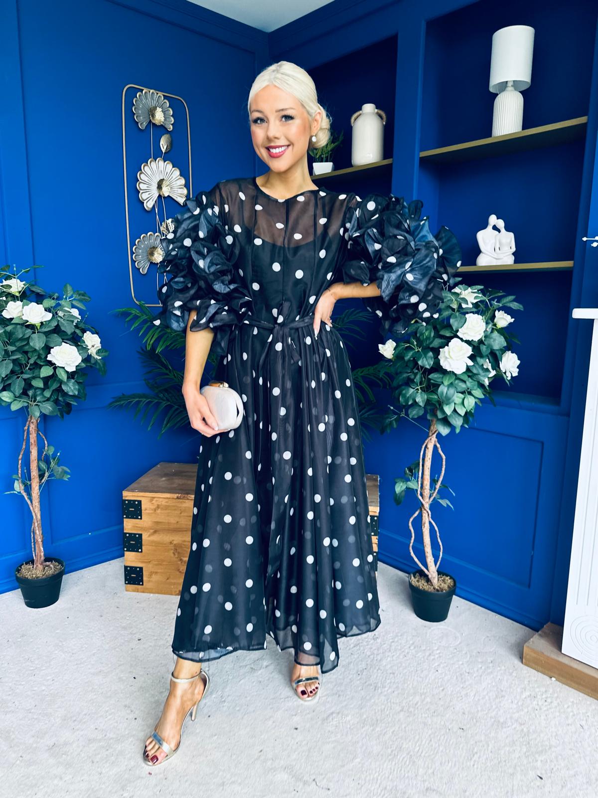 Ethna Frill Sleeve Occasion Dress Polka Black