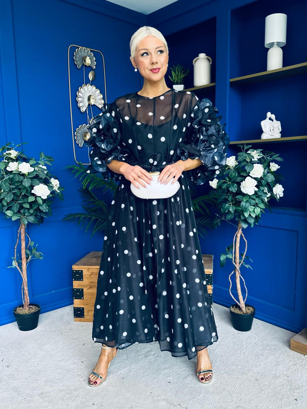 Ethna Frill Sleeve Occasion Dress Polka Black