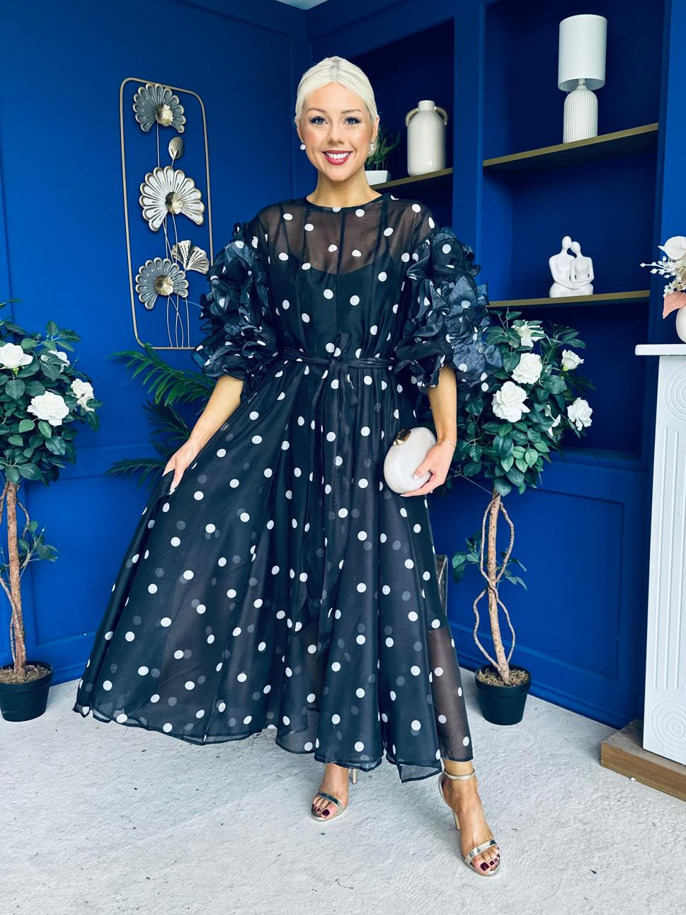 Ethna Frill Sleeve Occasion Dress Polka Black