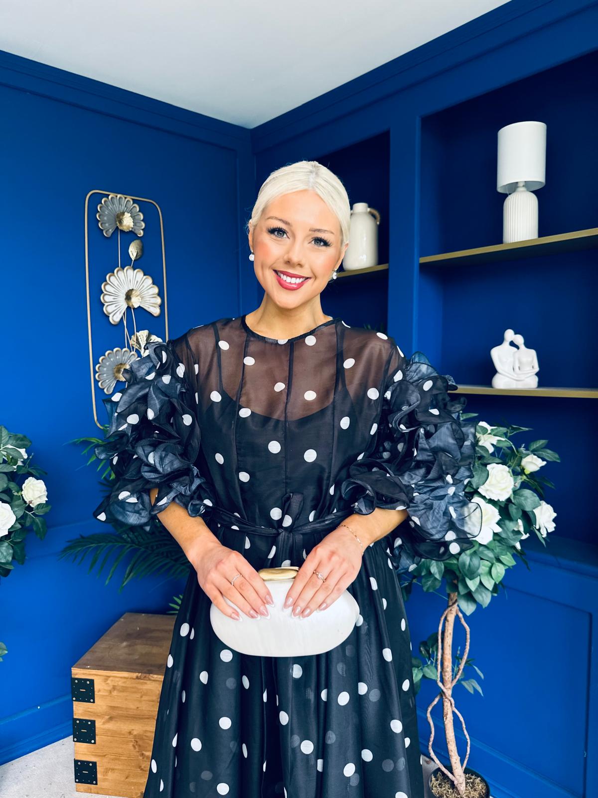 Ethna Frill Sleeve Occasion Dress Polka Black