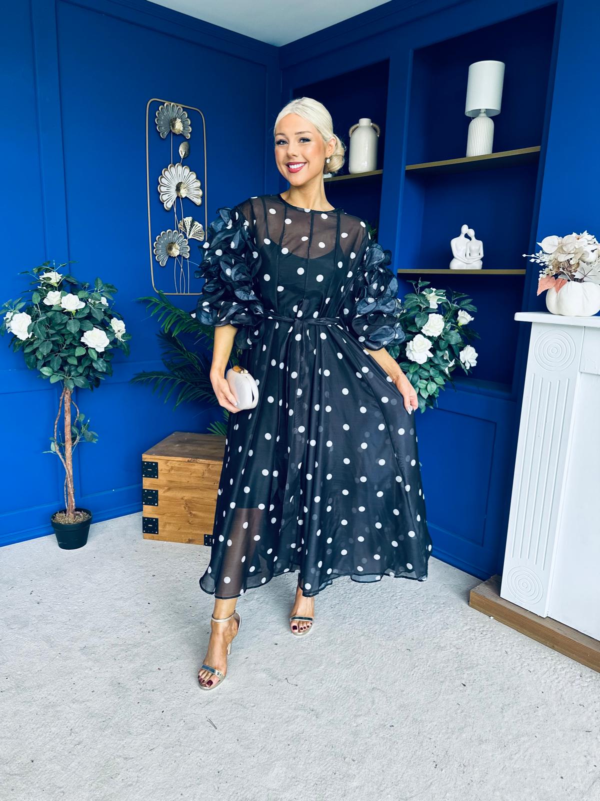 Ethna Frill Sleeve Occasion Dress Polka Black