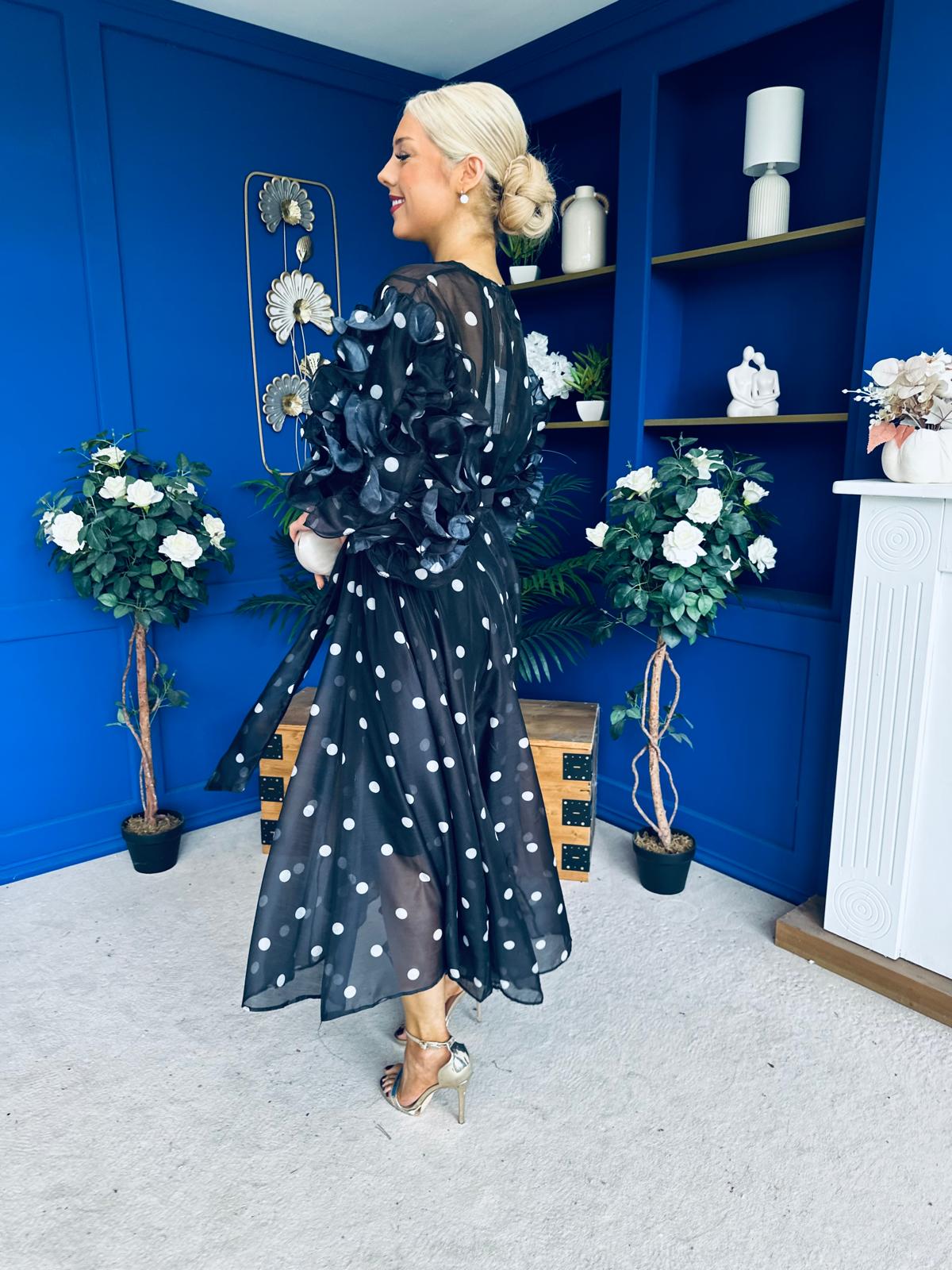 Ethna Frill Sleeve Occasion Dress Polka Black