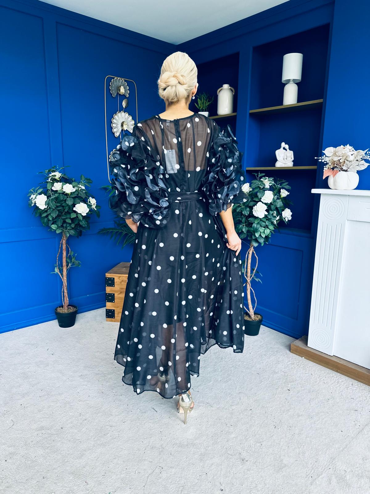 Ethna Frill Sleeve Occasion Dress Polka Black