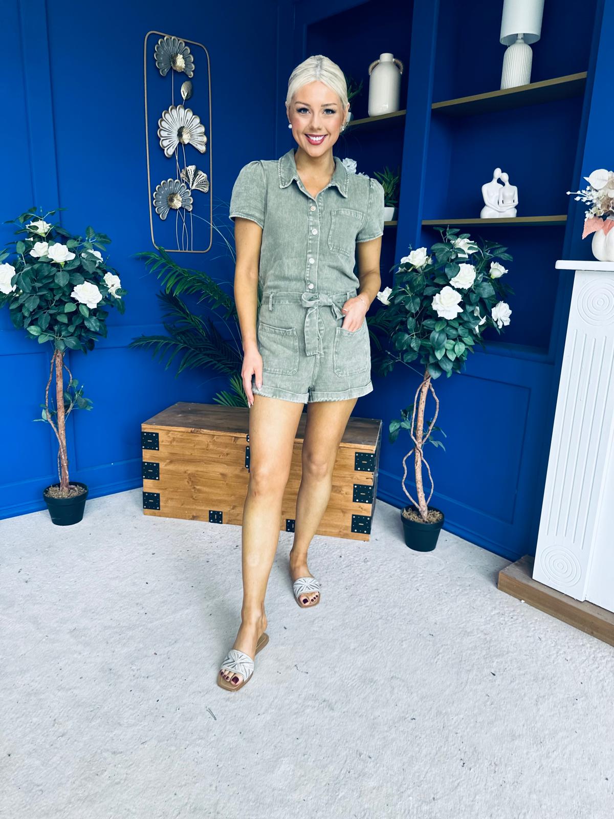 Riley Short Sleeve Denim Playsuit Khaki
