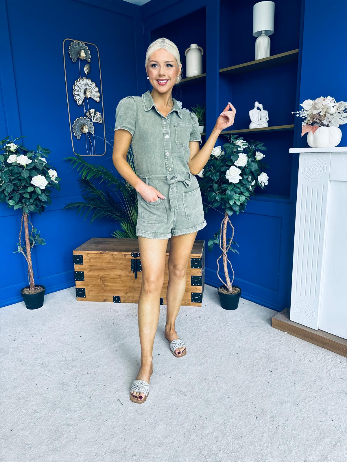 Riley Short Sleeve Denim Playsuit Khaki