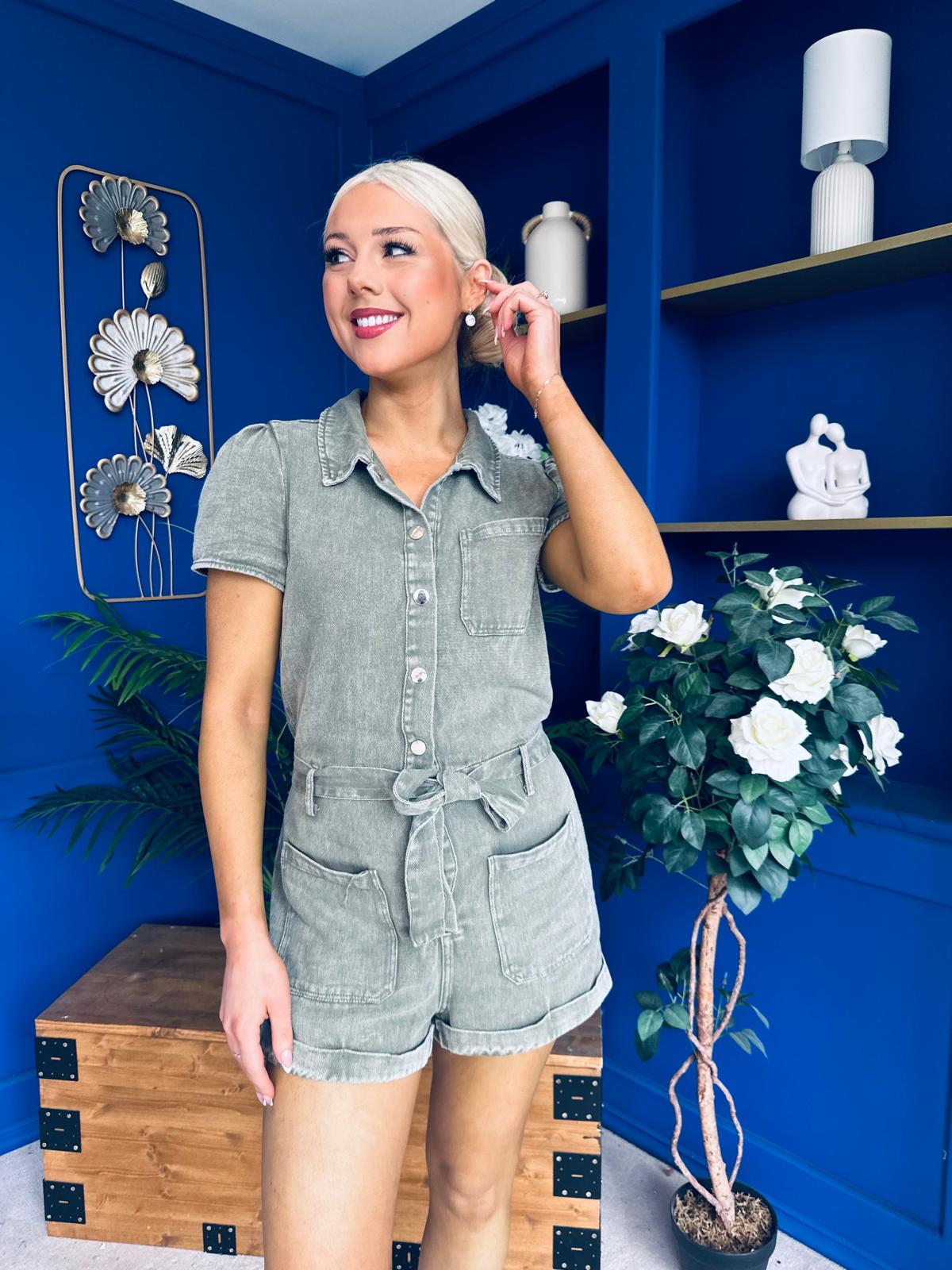 Riley Short Sleeve Denim Playsuit Khaki